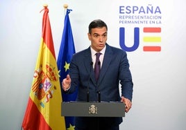 El presidente Pedro Sánchez, este jueves en Bruselas durante su comparecencia ante la prensa.