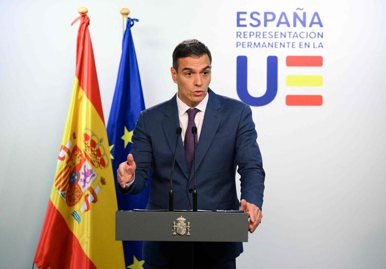 El presidente Pedro Sánchez, este jueves en Bruselas durante su comparecencia ante la prensa.