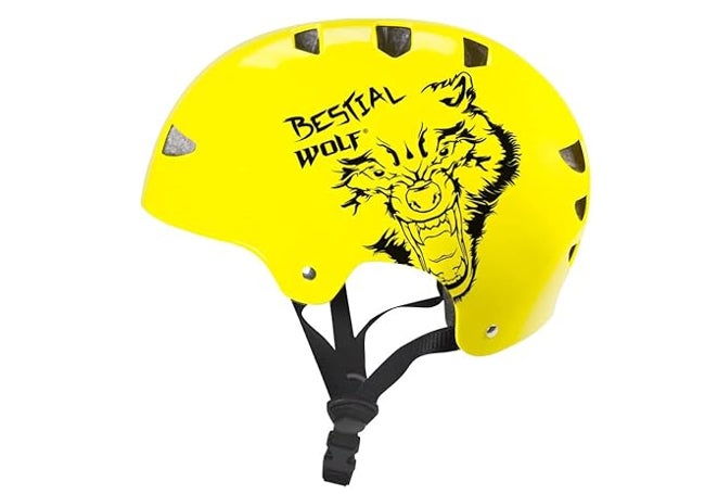 Casco amarillo con dibujo de lobo para monopatín eléctrico o bicicleta.