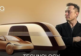 El magnate Elon Musk en el cartel promocional que presenta los nuevos automóviles eléctricos de Tesla.