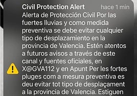 Mensaje de alerta de Protección Civil que llegó a los teléfonos móviles de los valencianos a las 20.12 del martes.