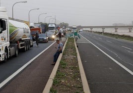 Varios conductores aguardan junto a sus vehículos en la V-30 junto al nuevo cauce del Turia.