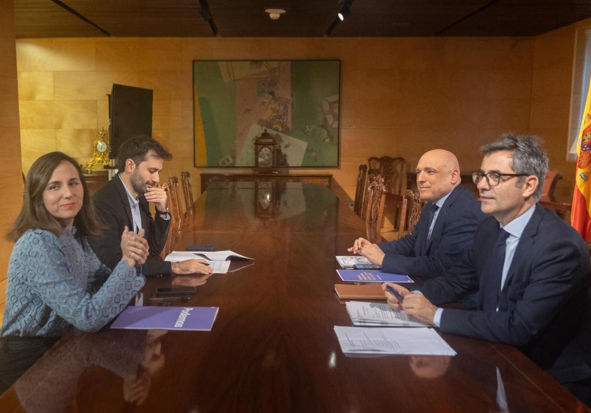 Ione Belarra y Javier Sánchez Serna se reúnen este lunes en el Congreso con Félix Bolaños y Rafael Simancas.