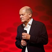 El canciller alemán, Olaf Scholz, este viernes en un acto en Berlín.