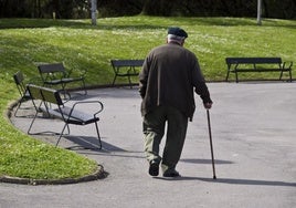 Un anciano pasea por un parque.