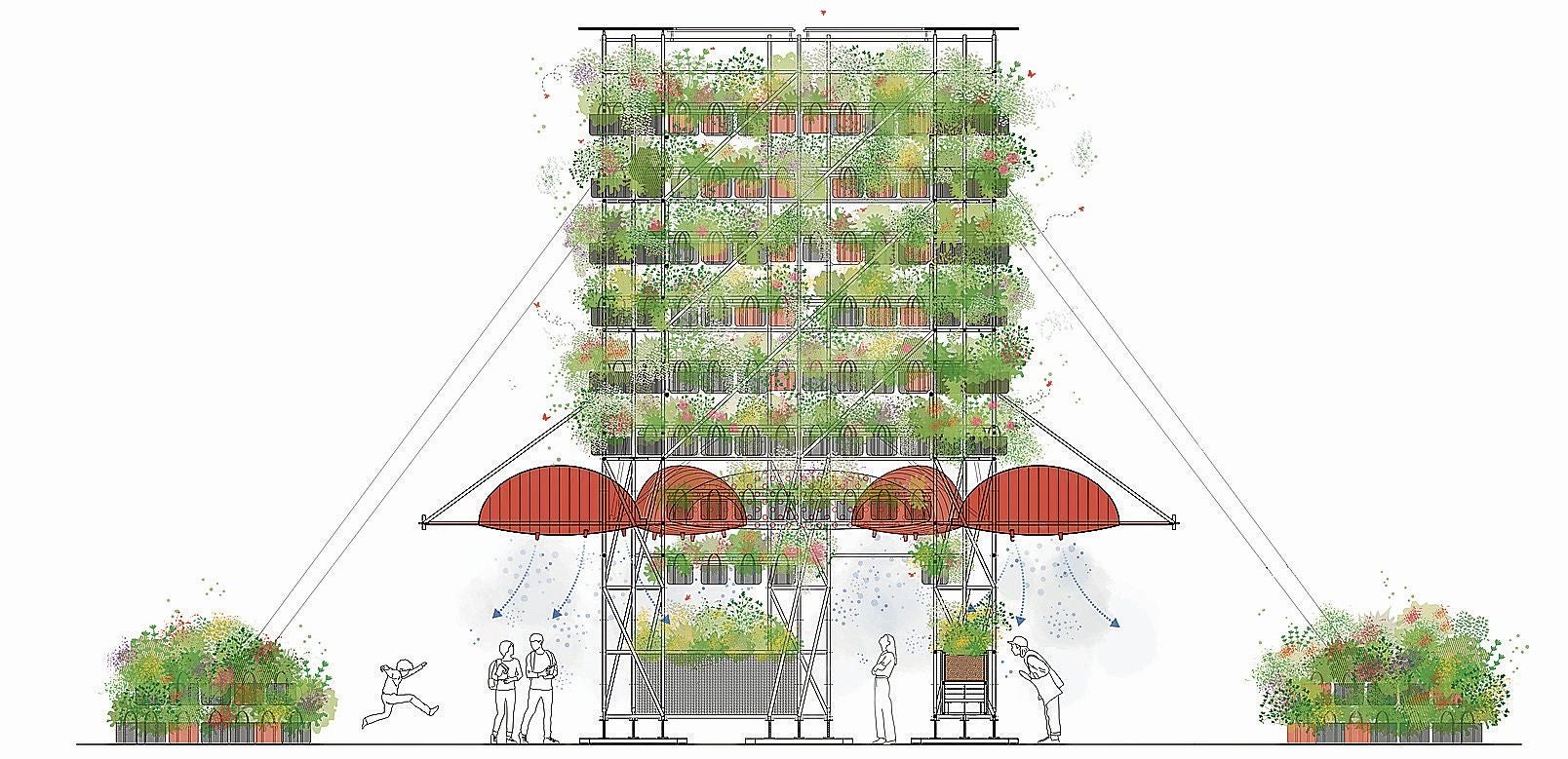 Esquema de la estructura Polinature vista como un espacio de esparcimiento donde disfrutar de una bajada del calor estival en las ciudades.