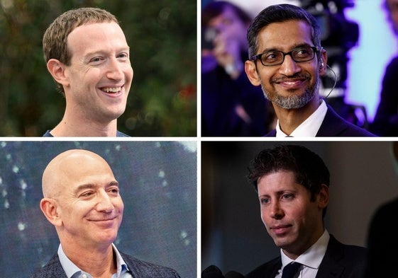 Mark Zuckerberg, Sundar Pichai, Jeff Bezos y Sam Altman, líderes de Meta, Google, Amazon y Open AI, en una combinación de imágenes.