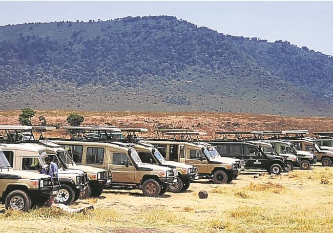 Concentración de vehículos a la hora del picnic en el Ngorongoro.