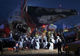 Los equipos de socorro recuperan los restos de los pasajeros entre el fuselaje, del que solo quedó reconociblela cola del avión.