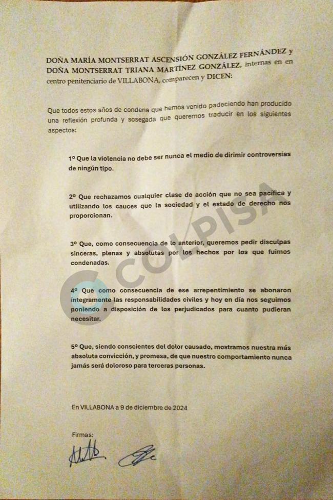 La carta firmada por las condenadas dirigida a la jueza de Oviedo.