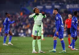 Lamine Yamal, lamentándose tras una jugada en el partido contra el Getafe