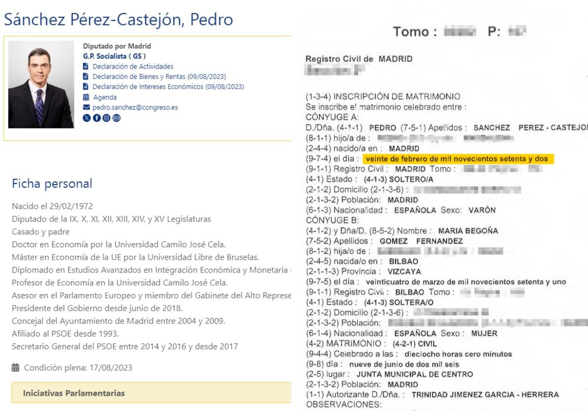 La fecha de nacimiento de Pedro Sánchez en su acta matrimonial no coincide con la de su ficha en el Congreso