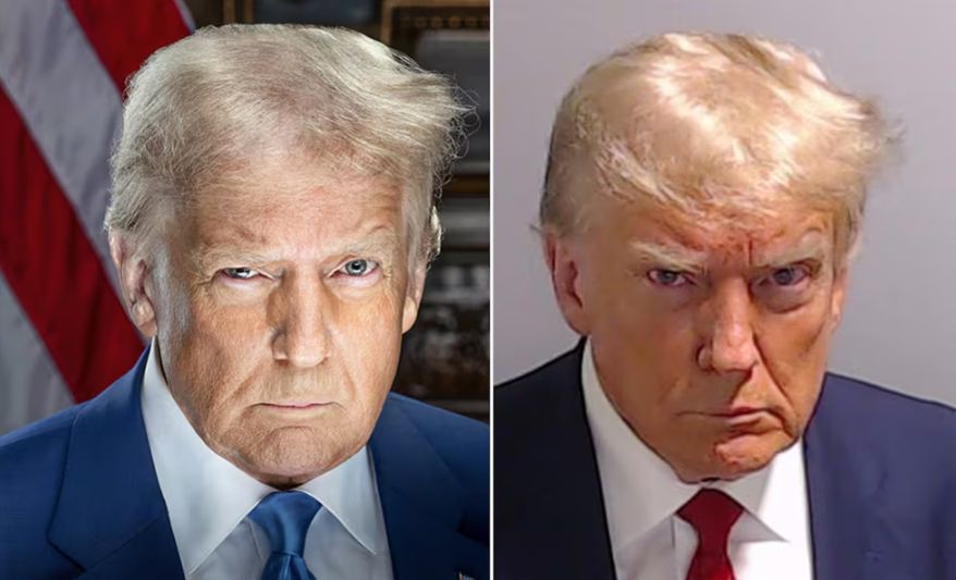 Comparativa entre la fotografía de la ficha policial de Trump y el retrato de su segunda toma de posesión.