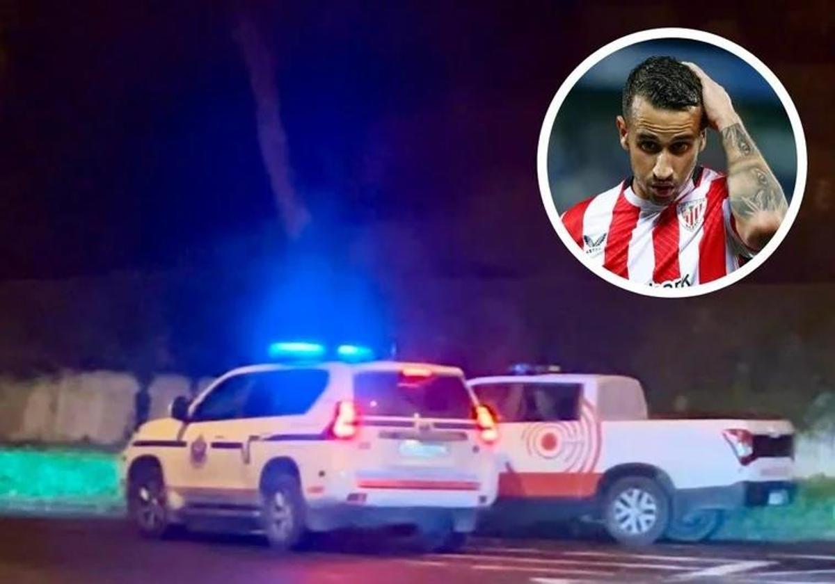 Agentes de la Ertzaintza, anoche en el acceso a la vivienda del jugador del Athletic, en la localidad vizcaína de Mungia.