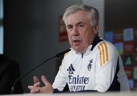 Carlo Ancelotti, durante la conferencia de prensa previa al Espanyol-Real Madrid.