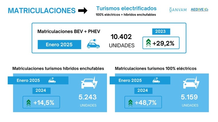 Matriculaciones de turismos eléctricos e híbridos enchufables en el mes de enero