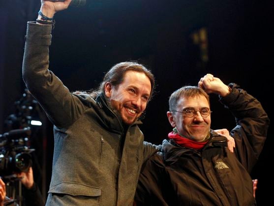 Pablo Iglesias (izquierda) y Juan Carlos Monedero, eufóricos en la época de éxito político de Podemos.