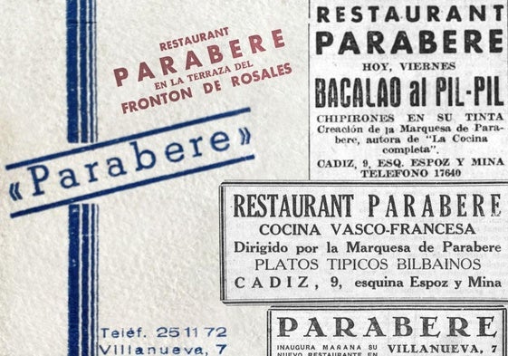 Tarjeta publicitaria del restaurante Parabere y anuncios de prensa del negocio entre 1936 y 1941.