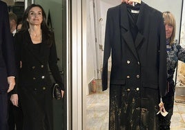 Doña Letizia con el vestido y Francis con la pieza manchada de lodo en su tienda.