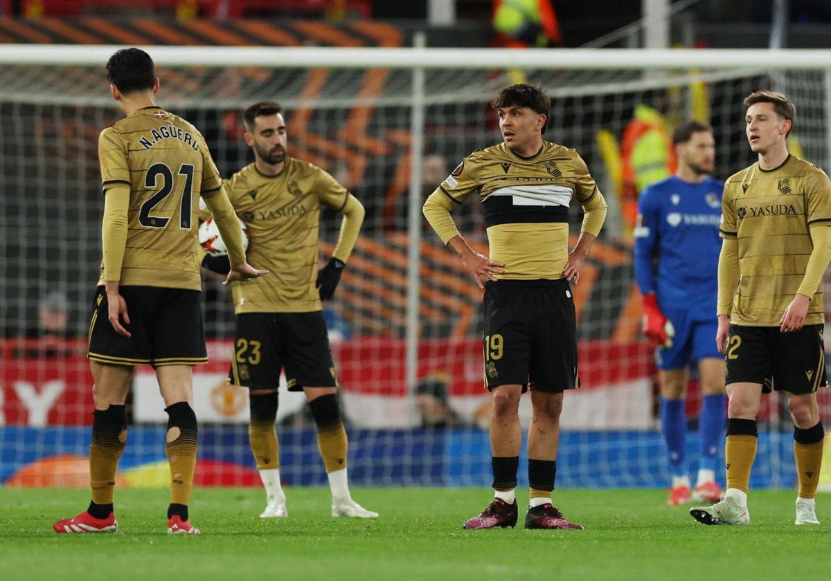 Jon Aramburu (2nd from right), after receiving a red card at Old Trafford.