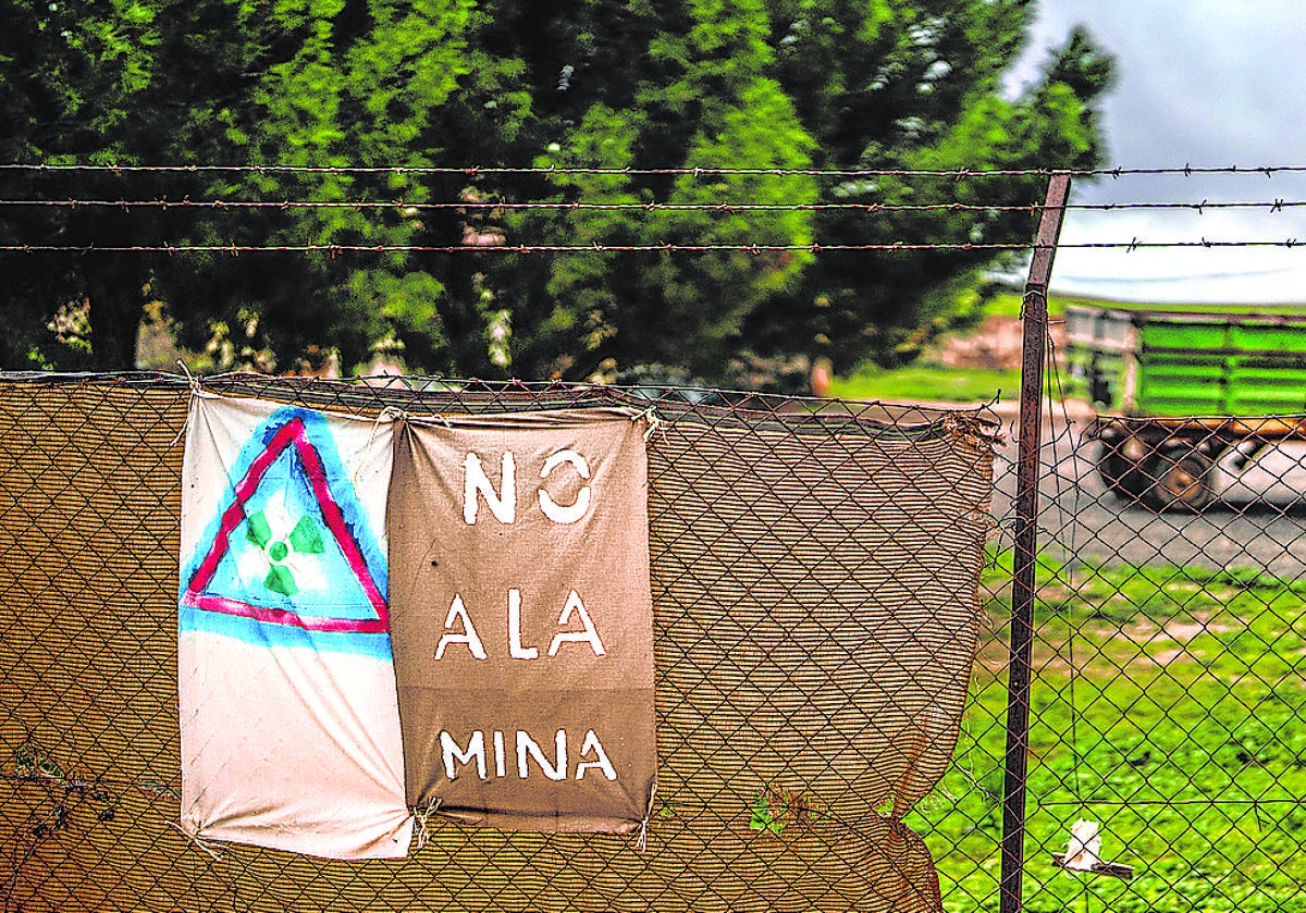 Imagen principal - Carteles contrarios a la mina en una explotación agrícola de la zona. Un olivar en el término municipal de Santa Cruz de Mudela, uno de los tres pueblos donde se localiza el proyecto de investigación. Y uno de los agricultores recoge tierra en el lugar donde Quantum Minería quiere llevar a cabo el estudio.