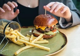 Una plato con una hamburgesa y patatas