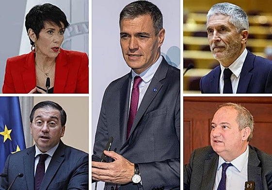Pedro Sánchez, Elma Saiz, Fernando Grande-Marlaska José Manuel Albares y Jordi Hereu.