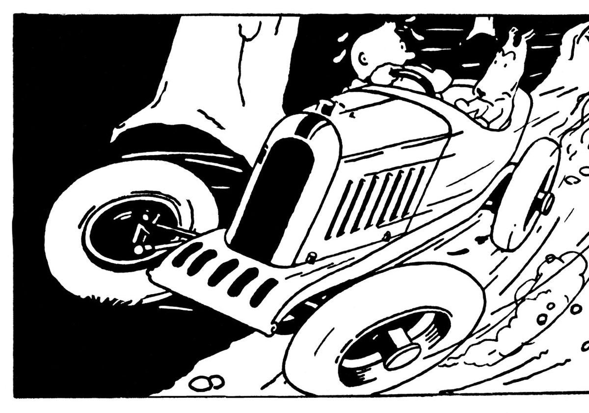 Imagen principal - La otra gran pasión de Hergé. El historietista belga incluyó un vehículo en prácticamente todos los cómics de Tintín. Para el recuerdo han quedado piezas tan simbólicas como el Ford T de 'Tintín en el Congo' (arriba a la izquierda) y el legendario Bugatti type 35 de 'Tintín en América' (debajo, de color azul). 