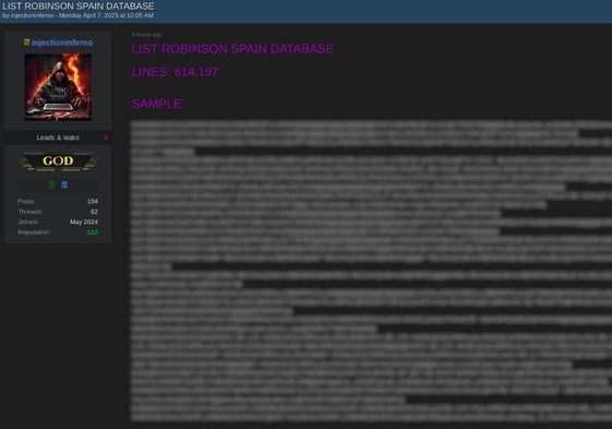 Imagen pixelada de los datos que los piratas aseguran haber robado de la Lista Robinson