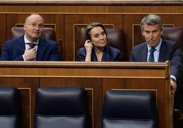 Alberto Núñez Feijóo junto a Cuca Gamarra y Miguel Tellado en el último Pleno del Congreso.