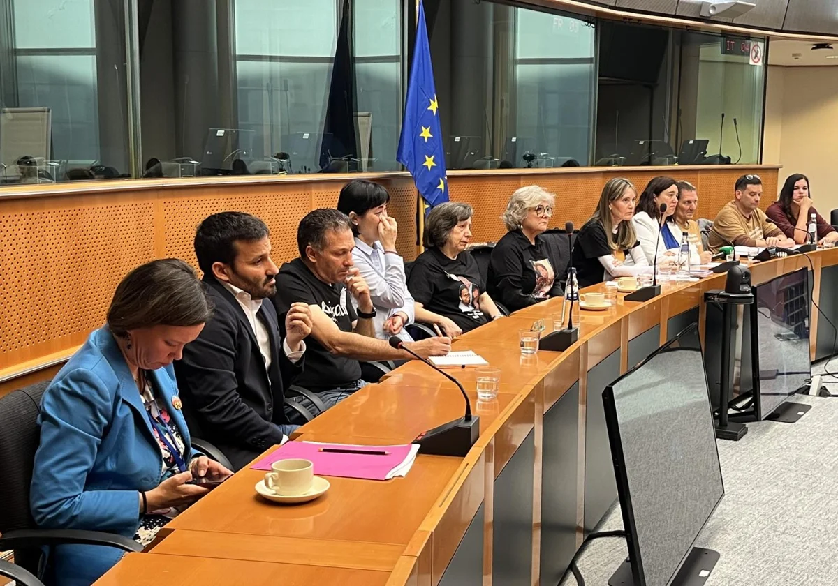 Las víctimas de la dana, con europarlamentarios españoles, este martes.