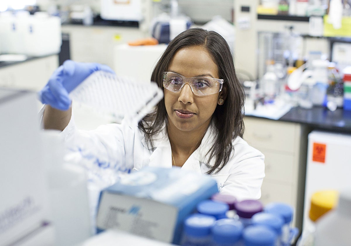 Una investigadora trabaja en un laboratorio farmacéutico.