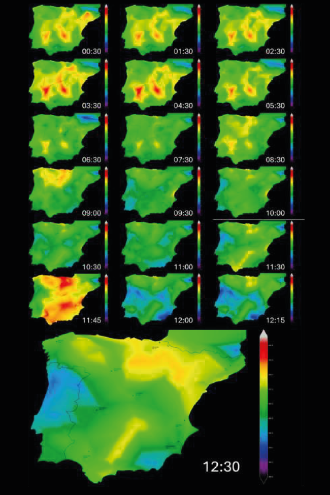 Mapa de calor de las tensiones en la red de 400 kV el día 28 de abril.