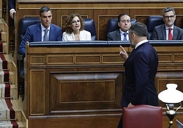 Santiago Abascal señala a Pedro Sánchez al abandonar el pleno.