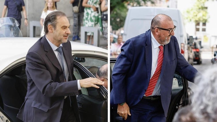 El exministro de Transportes, José Luis Ábalos, y su exasesor Koldo García, en sus respectivas llegadas al Tribunal Supremo en Madrid, este lunes