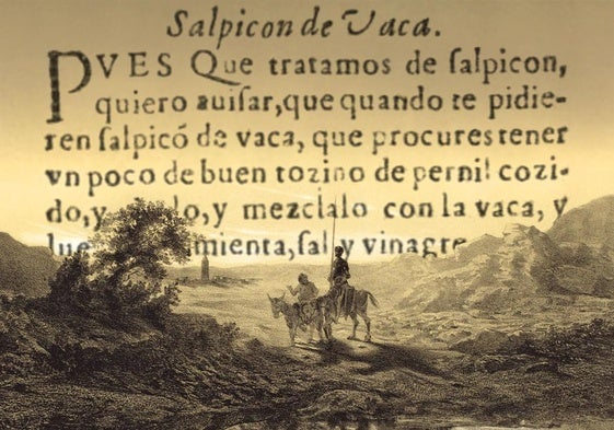 Receta de salpicón de vaca (Arte de cozina, 1611) sobre grabado quijotesco de Célestin Nanteuil (1855)