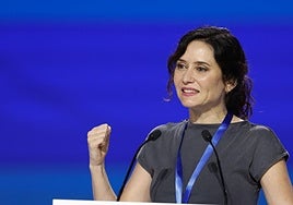 Isabel Díaz Ayuso en su intervención este domingo en Madrid.