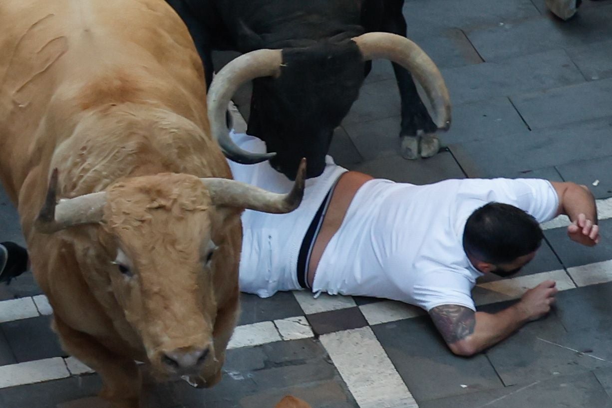 Un mozo cae en la cara de uno de los toros de la ganadería Jandilla, durante el quinto encierro de los Sanfermines. 