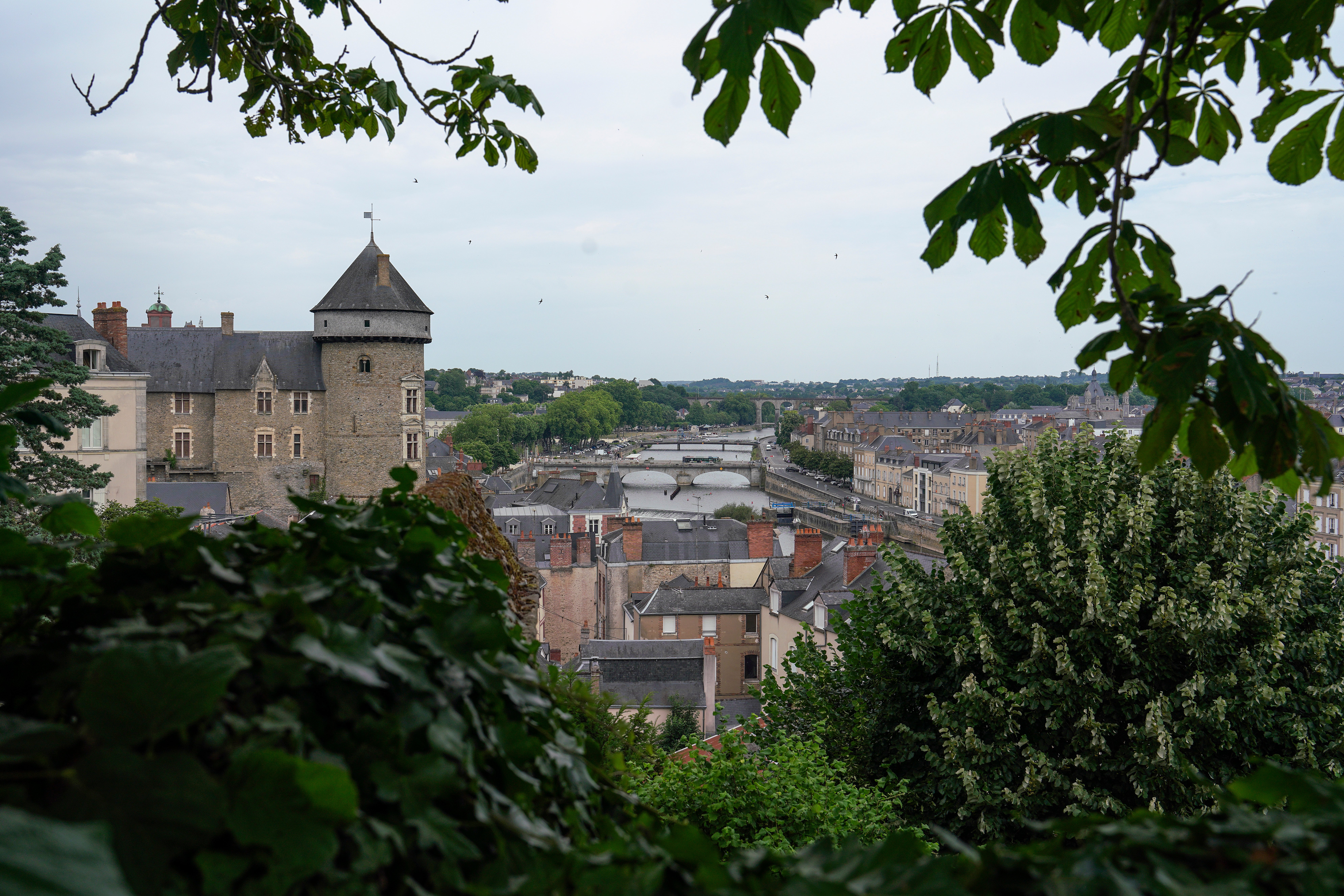 Vistas de la ciudad de Laval, con el río Mayenne y su castillo al fondo.