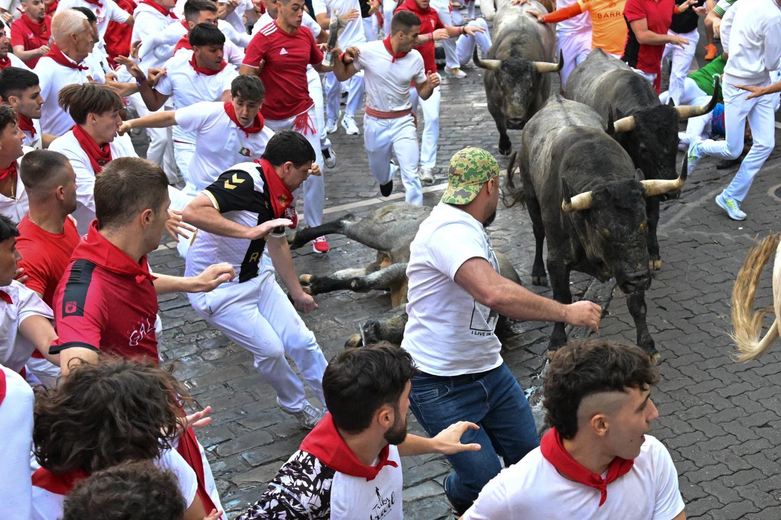 Uno de lso toros cae durante el encierro de este sábado.