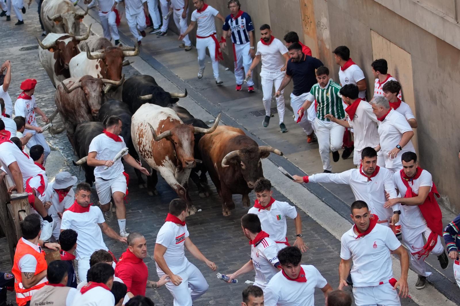 Los toros se abren paso entre la multitud de corredores