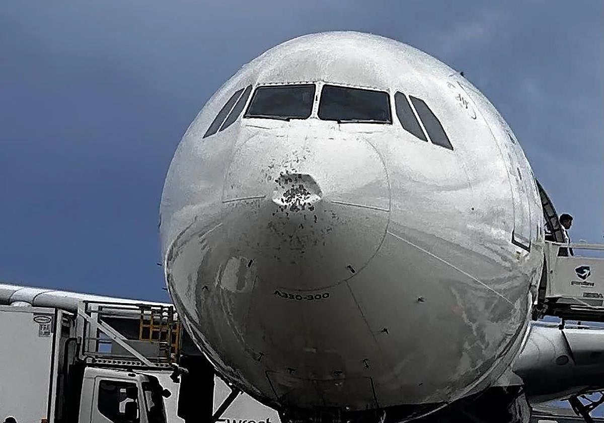 Imagen del avión con la parte delantera dañada.
