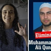 Emily Damari, en un combinación de imágenes con su captor Muhammad Nasr Ali Quneita.
