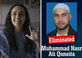 Emily Damari, en un combinación de imágenes con su captor Muhammad Nasr Ali Quneita.