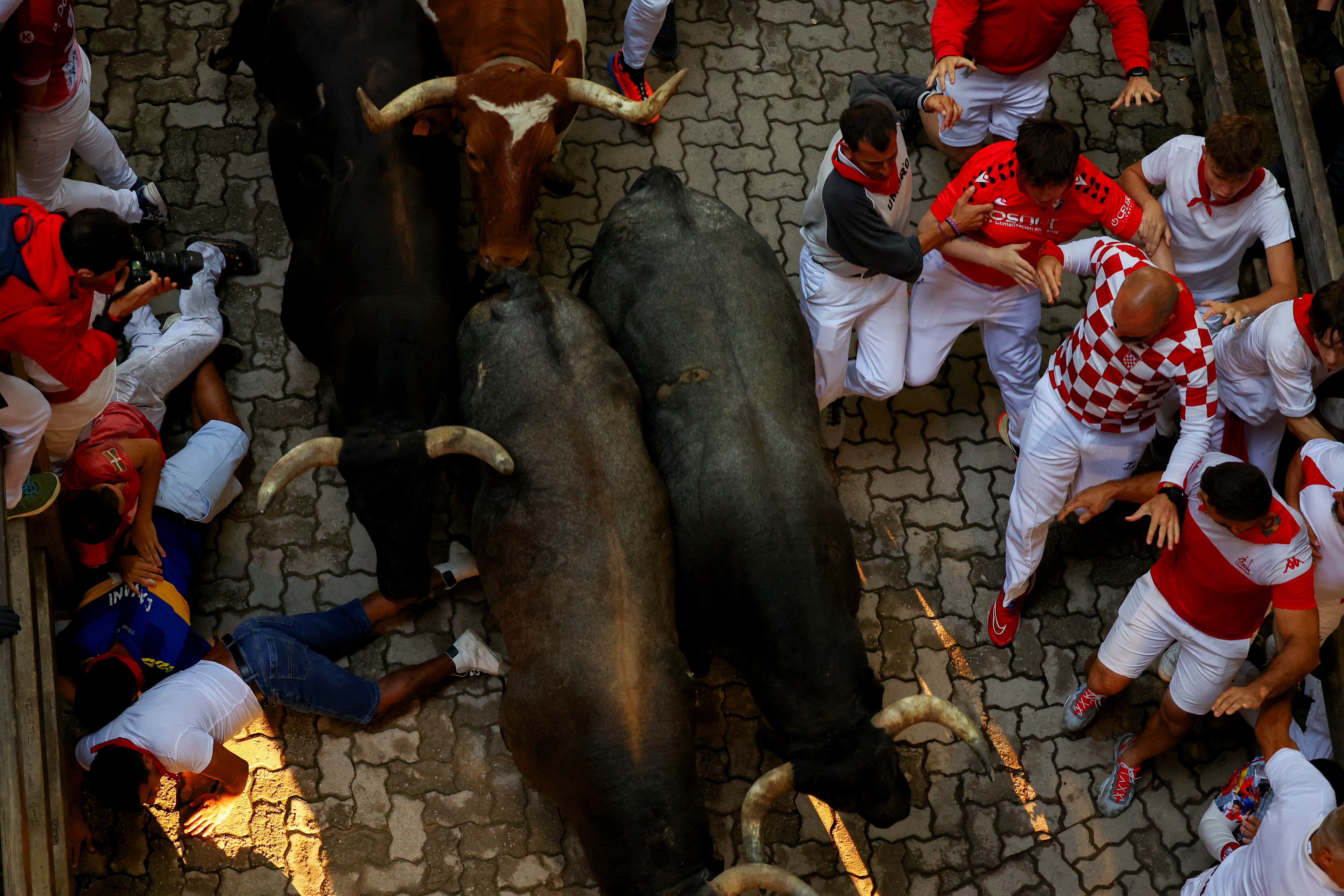 Los mozos junto a los toros en la entrada de la plaza.