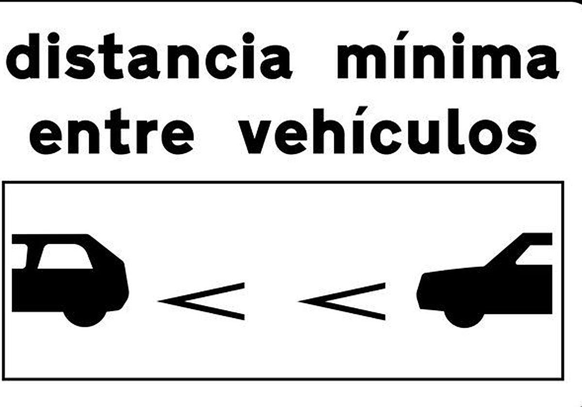 La nueva señal S-992a indica, en un tramo de carretera convencional o una carretera multicarril donde se dan frecuentemente colisiones por alcance, el número de marcas viales de galón que debe dejar un vehículo entre él y el que le precede