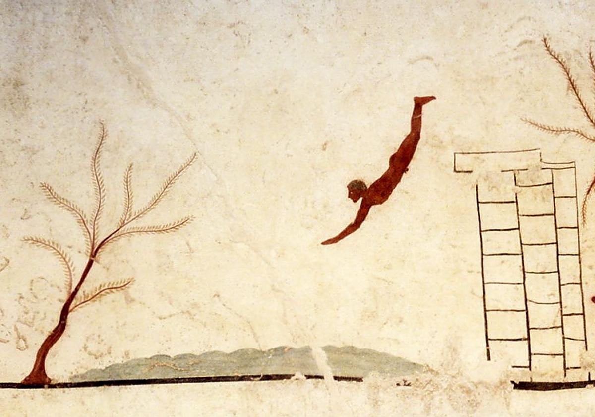 Inscripción en la tumba de Paestum.