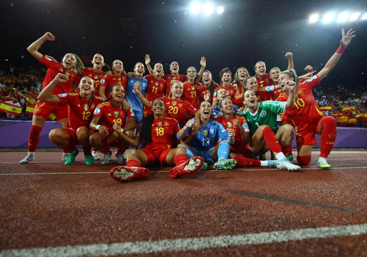 The Spanish national team players celebrate reaching the Euro Cup final.