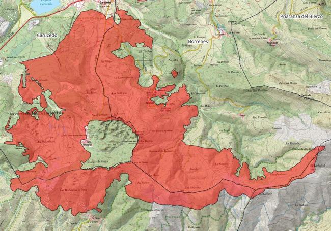 Superficie quemada en el incendio forestal de Yeres, que ha afectado al paraje protegido de Las Médulas.