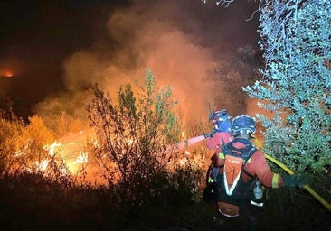 Dos agentes de la Unidad Militar de Emergencias (UME) trabajan en las labores de extinción del incendio